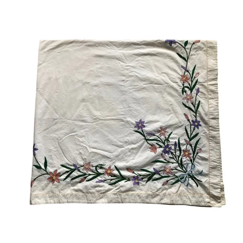 Vintage Hand Embroigered Tablecloth Floral 60” x 62”